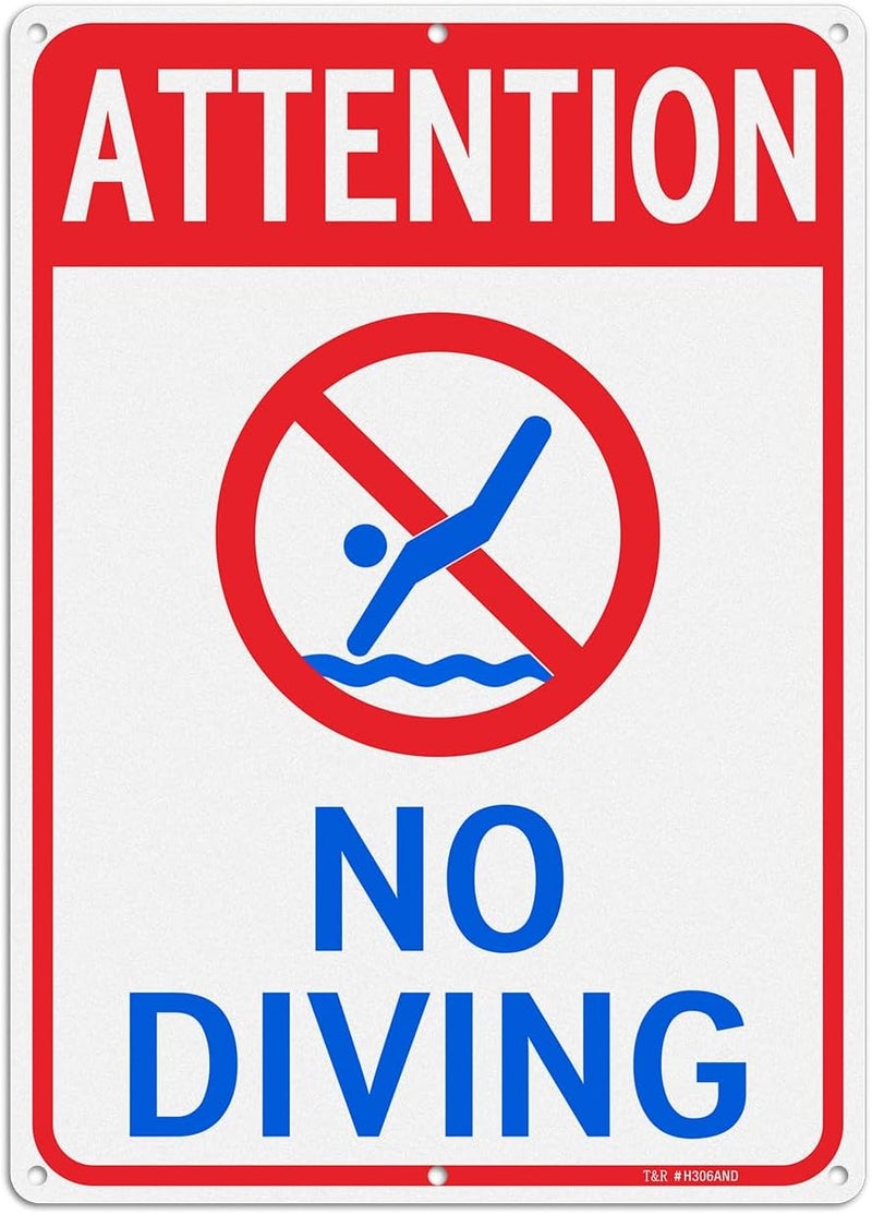 TR Attention No Diving Sign - 1 Pack - 14"x10" .040 Rust Free Heavy Aluminum, Reflective, Waterproof, Weatherproof and Fade Resistant, 6 pre-drilled holes, Easy to Mount - Image 1